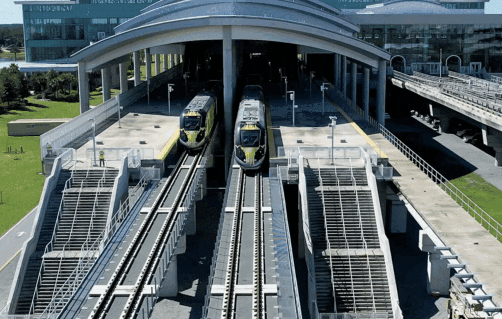 Brightline and JetBlue team to “enhance connectivity and convenience” for customers traveling on combined itineraries through Central and South Florida. (Brightline Photograph of Orlando Station, located at Orlando International Airport)
